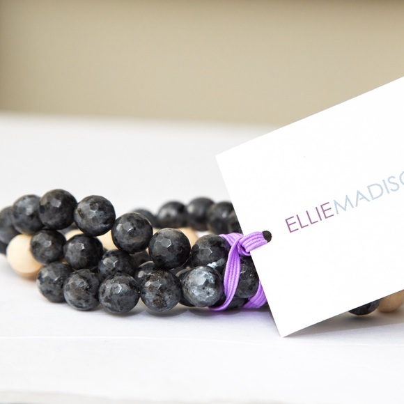 Set of 3 Labradorite beaded stretch bracelets black & cream by Ellei Madison L - Picture 8 of 14